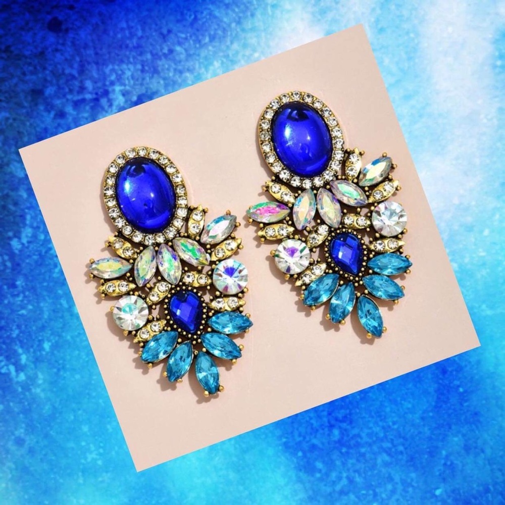 Blue Rhinestone Elegant Statement Post Earrings